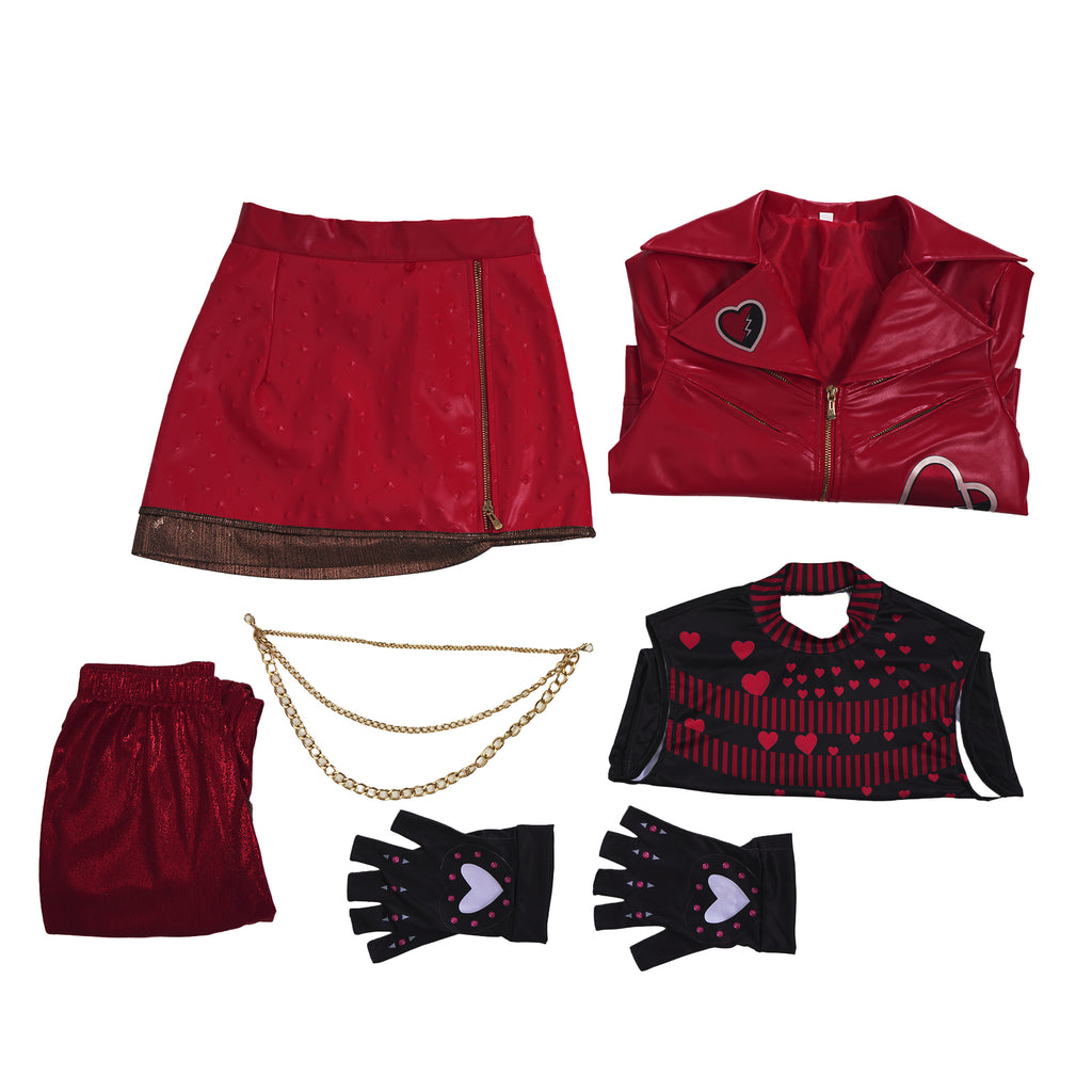 Red Princess Dress Descendents PU Leather Jacket Skirt and Pants Full Set for Girls Women Halloween Carnival