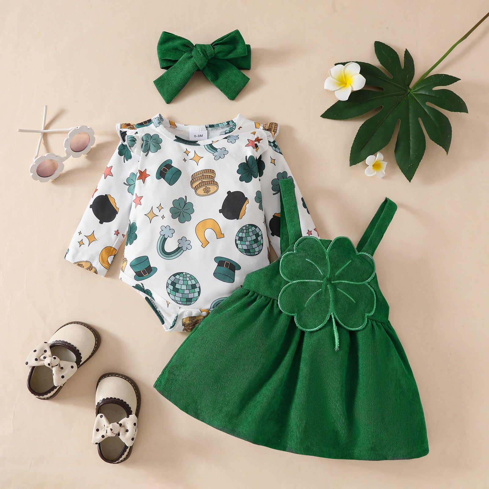 Toddler St. Patrick’s Day Outfits Baby Girl Romper Dress and Headband 3pcs Set for Party