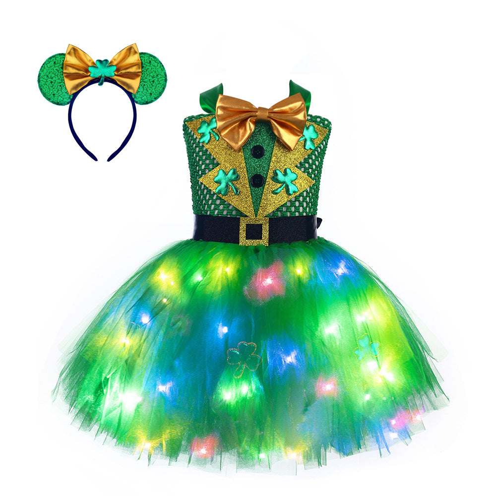 Girls Light Up St Patricks Day Dress Fashion Leprechaun Costumes for Irish Festival