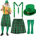 Mens St. Patrick’s Day Costumes Green Plaid Pleated Skirt Hat Suspenders Socks 4Pcs Suit