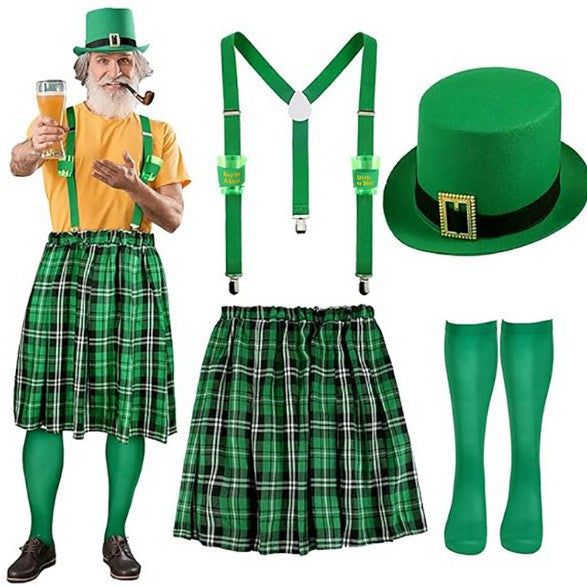 Mens St. Patrick’s Day Costumes Green Plaid Pleated Skirt Hat Suspenders Socks 4Pcs Suit