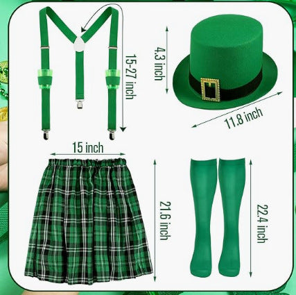 Mens St. Patrick’s Day Costumes Green Plaid Pleated Skirt Hat Suspenders Socks 4Pcs Suit