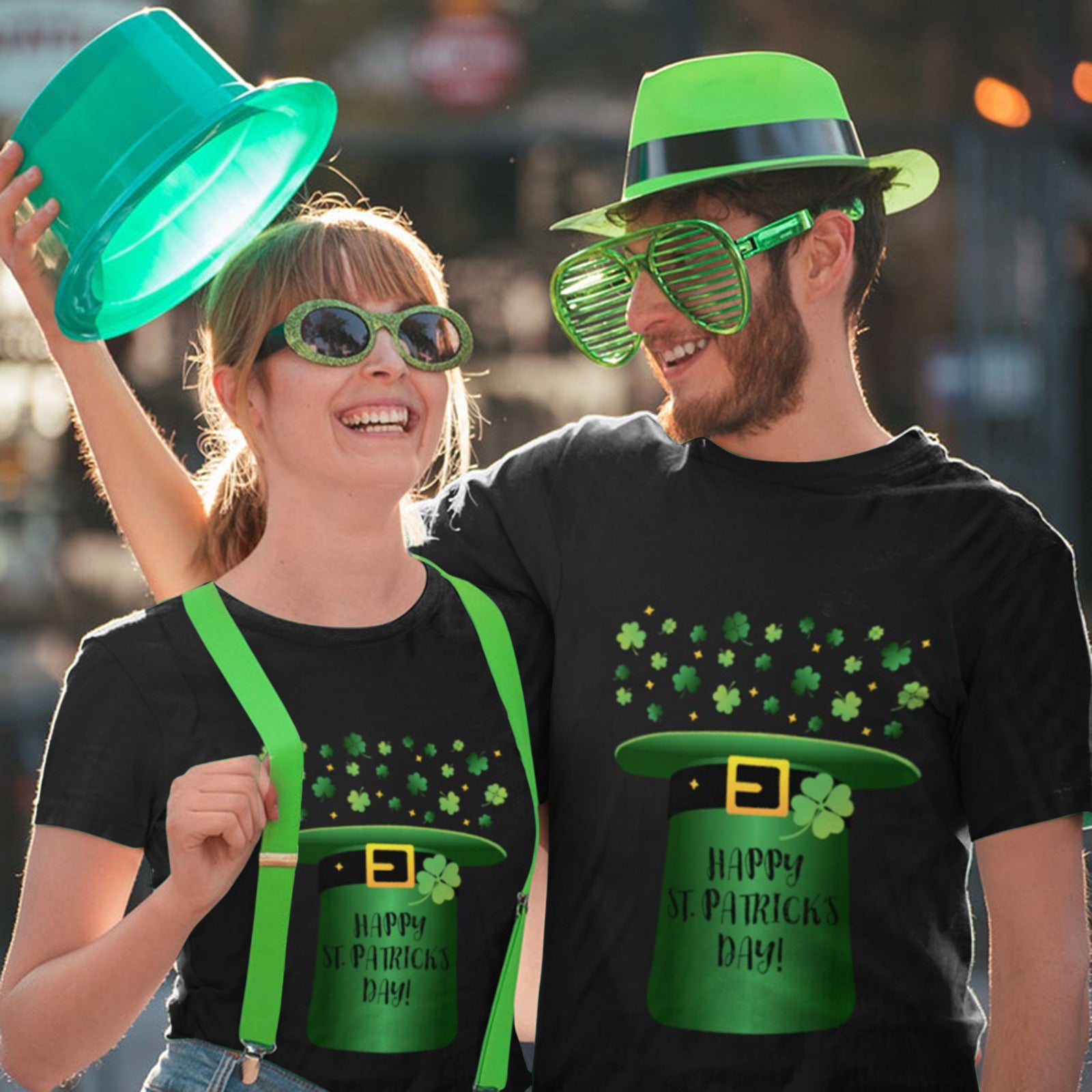Couples Saint Patricks Day T-shirt and Hat Lucky Green Costume Irish Festival Outfit