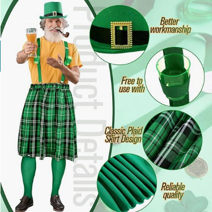 Mens St. Patrick’s Day Costumes Green Plaid Pleated Skirt Hat Suspenders Socks 4Pcs Suit