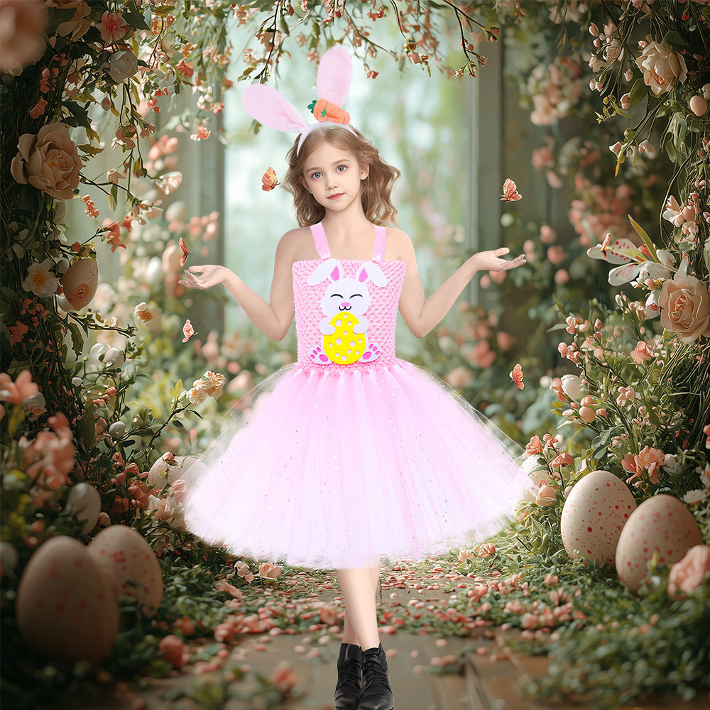 Girls Easter Dress Cute Bunny Rabbit Costumes Pink Dress with Headband 2pcs Suit for Parties