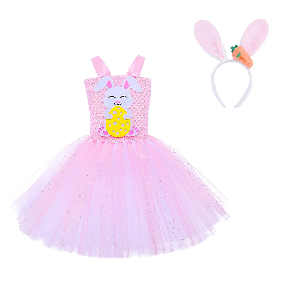 Girls Easter Dress Cute Bunny Rabbit Costumes Pink Dress with Headband 2pcs Suit for Parties
