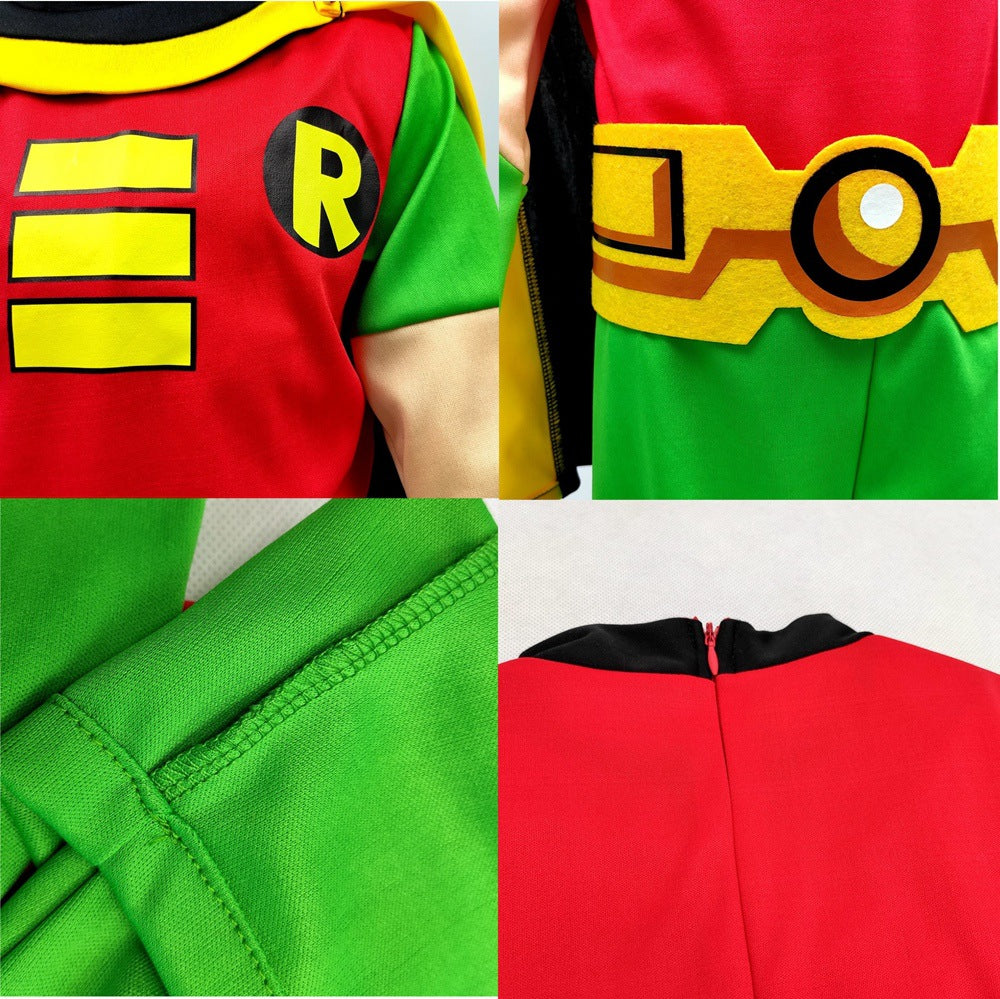 Kids Superhero Costume Boy Wonder Tops Pants Cape and Glasses 4pcs Suit for Cosplay