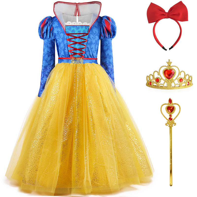 Kids Princess Dress Puff Long Sleeve Ball Gown Dress with Crown for Cosplay