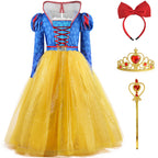 Kids Princess Dress Puff Long Sleeve Ball Gown Dress with Crown for Cosplay