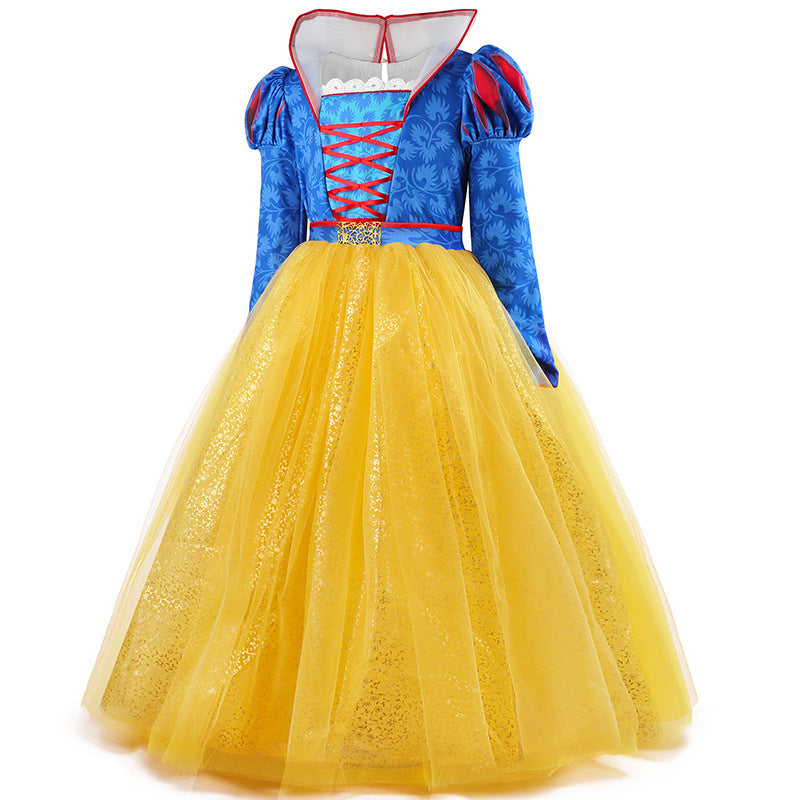 Kids Princess Dress Puff Long Sleeve Ball Gown Dress with Crown for Cosplay