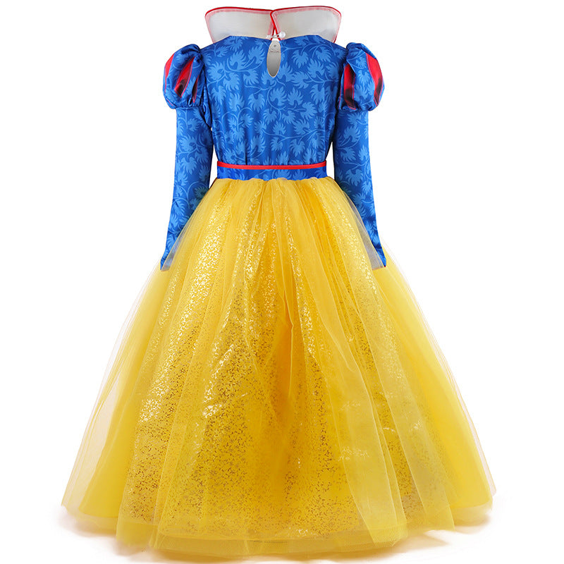 Kids Princess Dress Puff Long Sleeve Ball Gown Dress with Crown for Cosplay