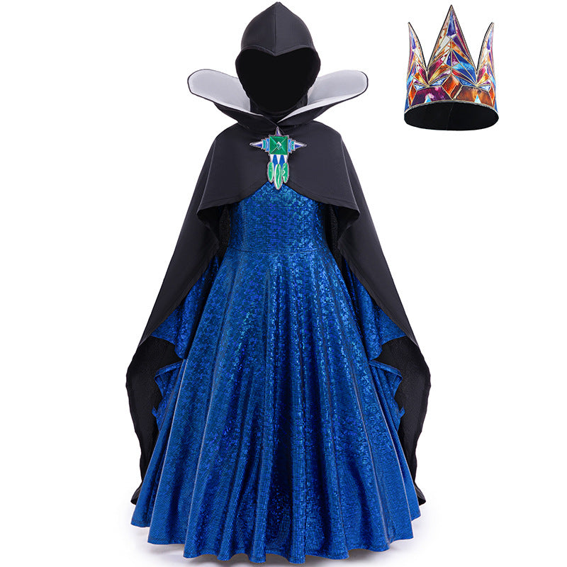 Girls Wicked Queen Costume Dress Cape Helmet Crown 4pcs Suit for Cosplay Party
