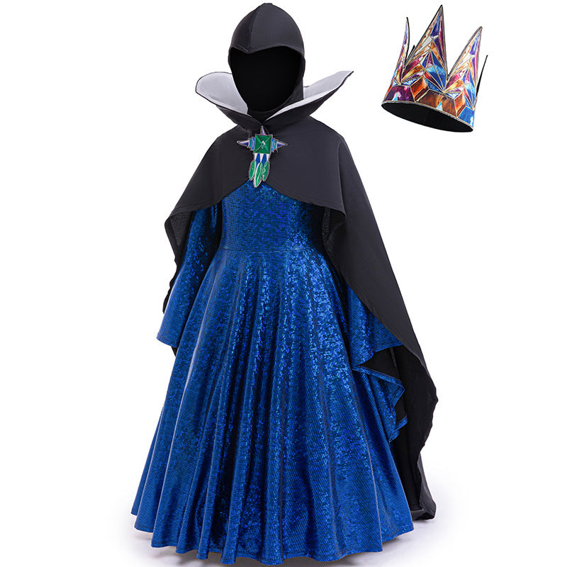 Girls Wicked Queen Costume Dress Cape Helmet Crown 4pcs Suit for Cosplay Party