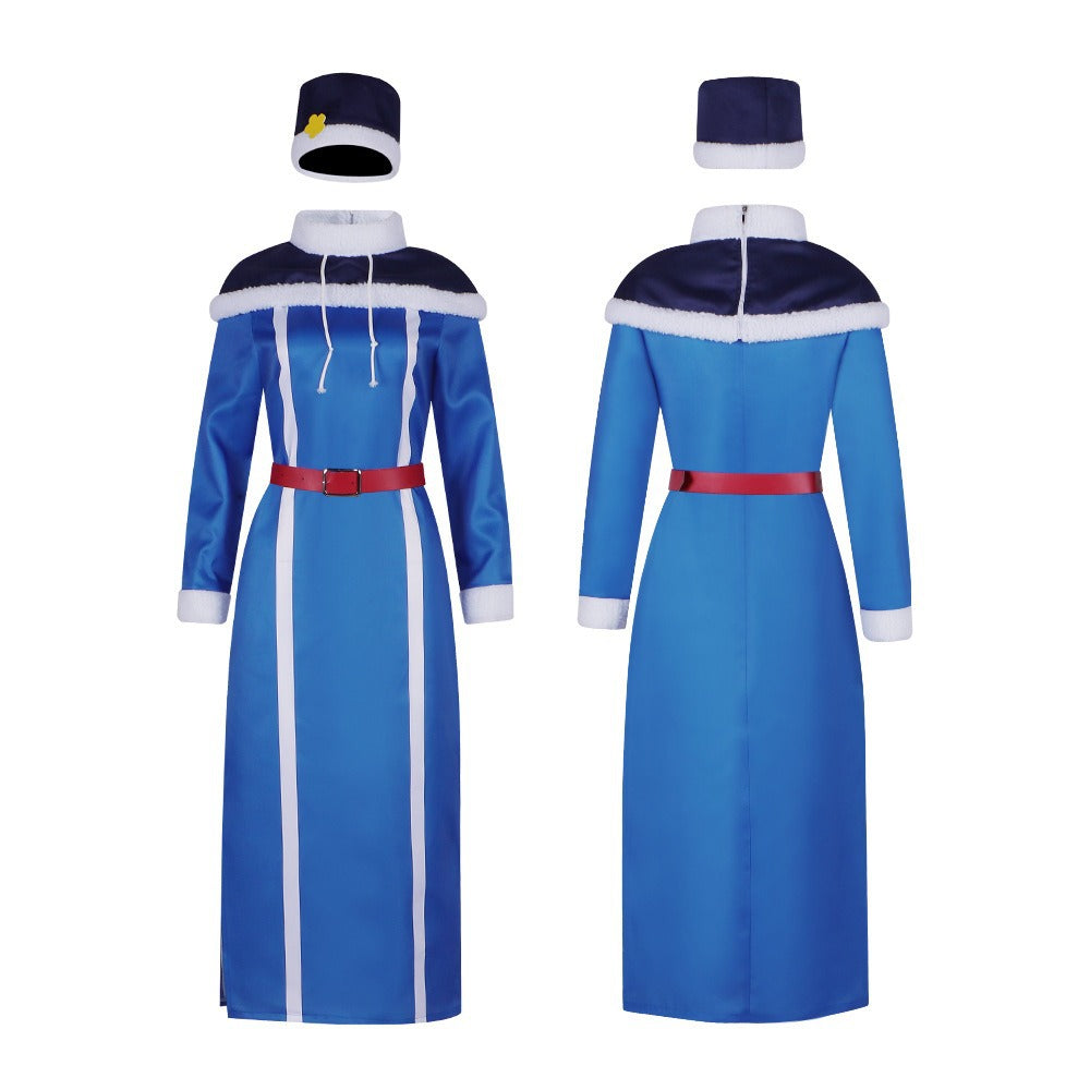Rain Woman Lockser Costume Blue Dress Shoulder Cape and Hat for Cosplay