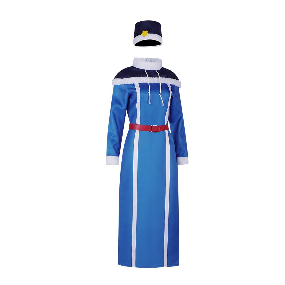 Rain Woman Lockser Costume Blue Dress Shoulder Cape and Hat for Cosplay