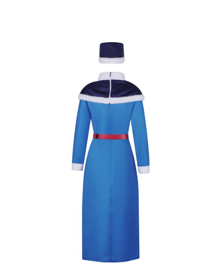 Rain Woman Lockser Costume Blue Dress Shoulder Cape and Hat for Cosplay