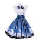 Women Floral Memory Outfit Game Player Cosplay Costume Blue Dress Full Set