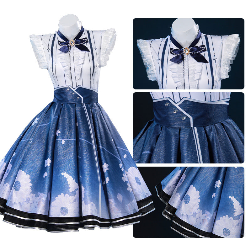 Women Floral Memory Outfit Game Player Cosplay Costume Blue Dress Full Set
