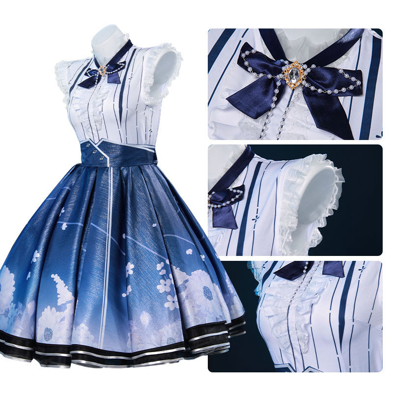 Women Floral Memory Outfit Game Player Cosplay Costume Blue Dress Full Set