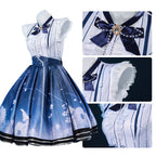 Women Floral Memory Outfit Game Player Cosplay Costume Blue Dress Full Set