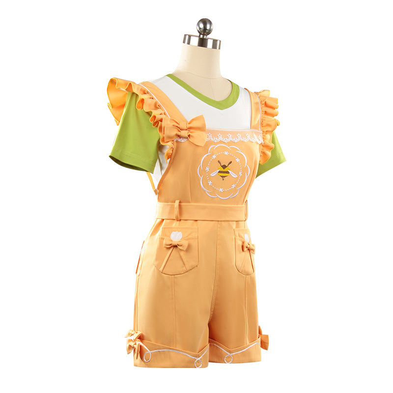 Adult Yellow Short-sleeved Overalls T-shirt Suspender Shorts Suit for Daily Wear