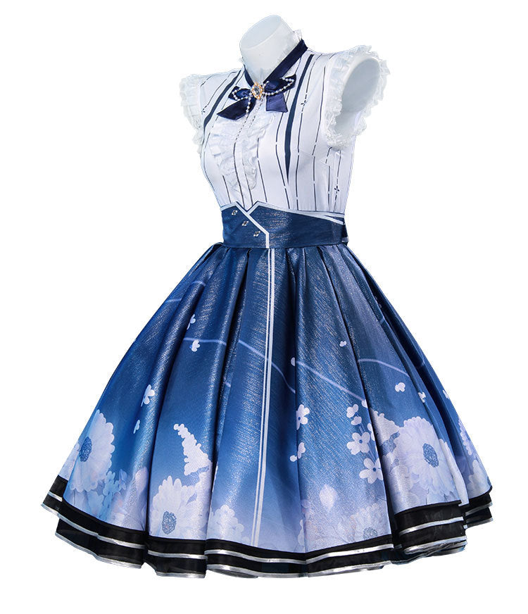 Women Floral Memory Outfit Game Player Cosplay Costume Blue Dress Full Set