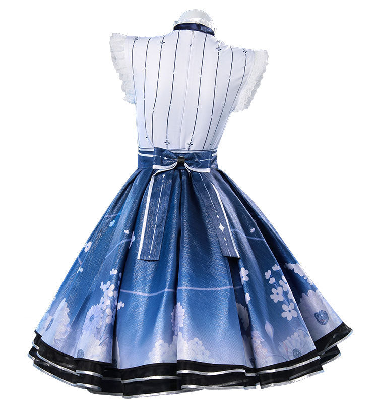 Women Floral Memory Outfit Game Player Cosplay Costume Blue Dress Full Set
