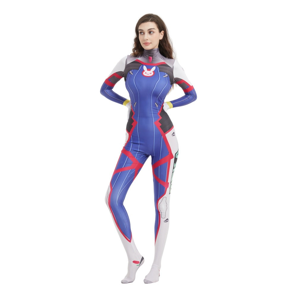 Women D.VA Cosplay Costume Blue Hana Song Jumpsuit OW Game Bodysuit