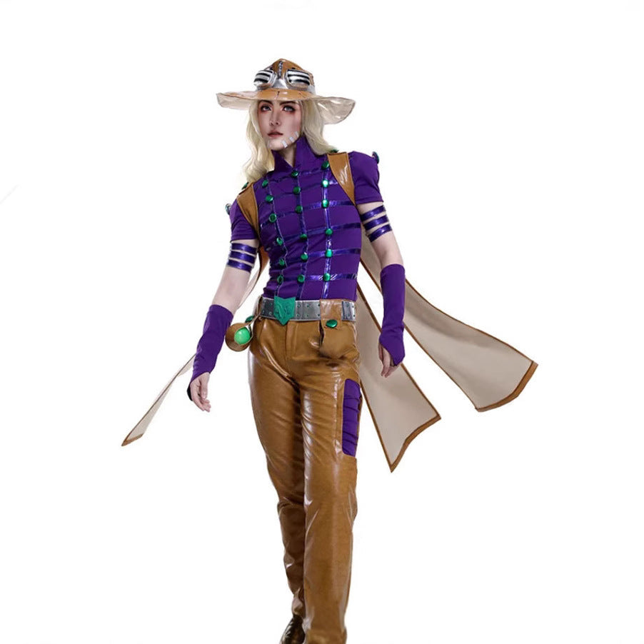 Men's JJBA Zeppeli Cosplay Outfit Purple Leather Costume with Hat for Comic Con