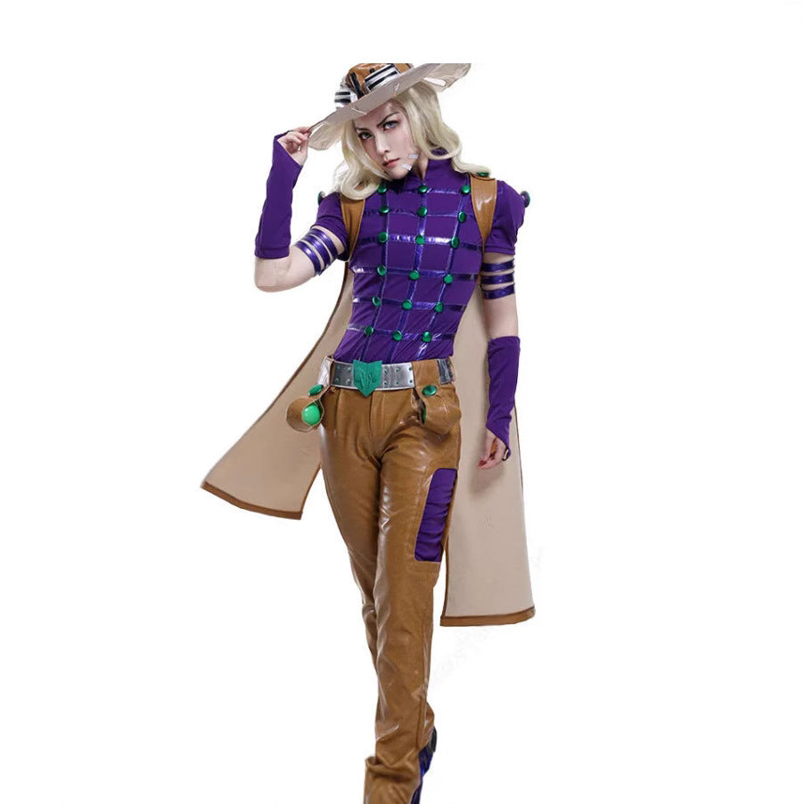Men's JJBA Zeppeli Cosplay Outfit Purple Leather Costume with Hat for Comic Con