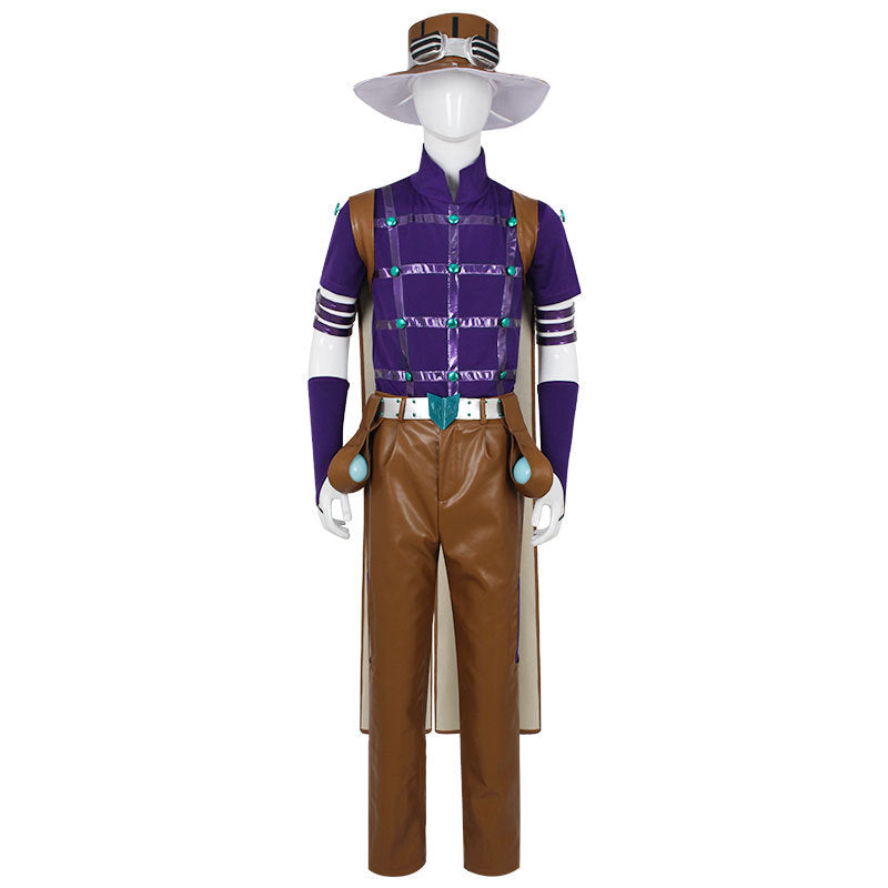 Men's JJBA Zeppeli Cosplay Outfit Purple Leather Costume with Hat for Comic Con