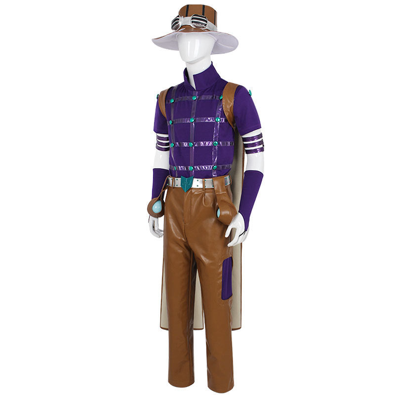 Men's JJBA Zeppeli Cosplay Outfit Purple Leather Costume with Hat for Comic Con