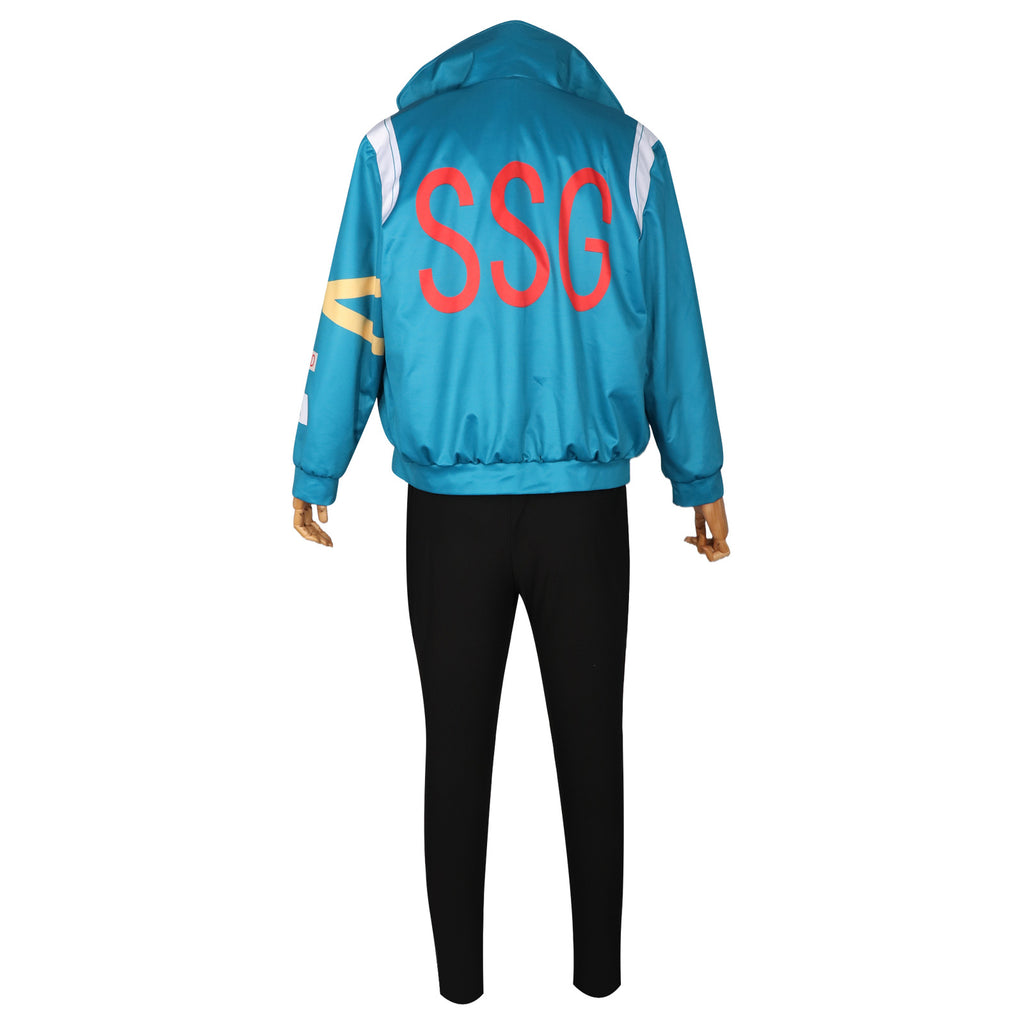 Mens Roronoa Cosplay Costume Straw Pirate Blue Jumpsuit Jacket and Gloves Full Set