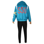 Mens Roronoa Cosplay Costume Straw Pirate Blue Jumpsuit Jacket and Gloves Full Set