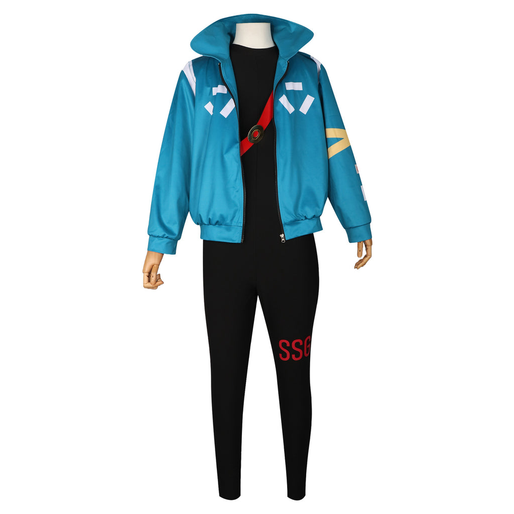 Mens Roronoa Cosplay Costume Egghead Island Blue Jumpsuit Coat and Gloves Full Set