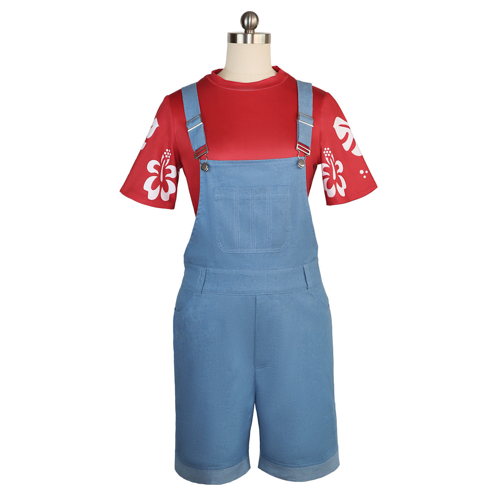 Little Girl Pelekai Costume Red T-shirt and Blue Overalls Hawaiian Weired Girl Casual Set