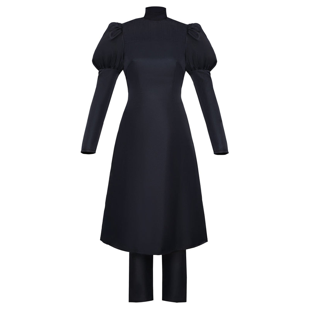 Female Sorcerer Costume Black Puff Sleeve High-Collar Dress and Pants Suit