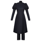 Female Sorcerer Costume Black Puff Sleeve High-Collar Dress and Pants Suit