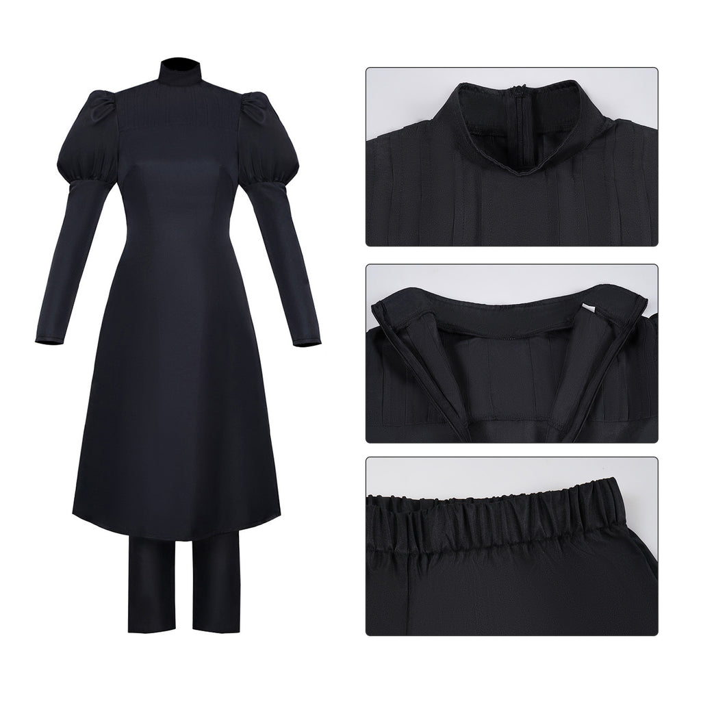 Female Sorcerer Costume Black Puff Sleeve High-Collar Dress and Pants Suit