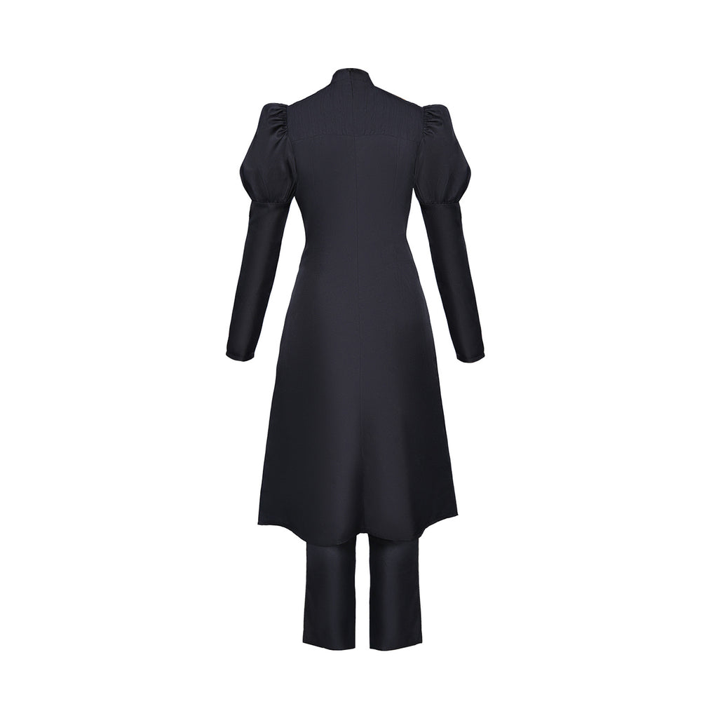 Female Sorcerer Costume Black Puff Sleeve High-Collar Dress and Pants Suit