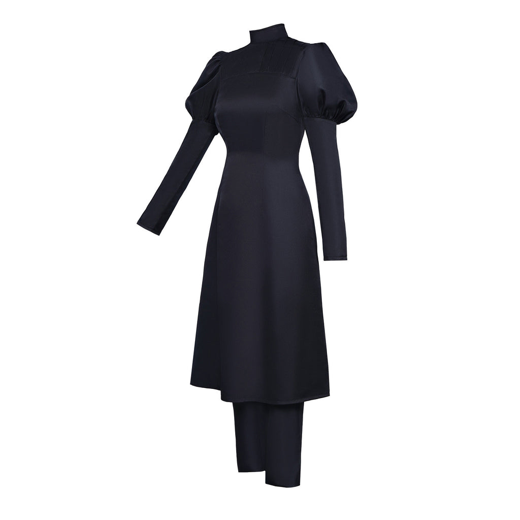 Female Sorcerer Costume Black Puff Sleeve High-Collar Dress and Pants Suit