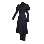 Female Sorcerer Costume Black Puff Sleeve High-Collar Dress and Pants Suit