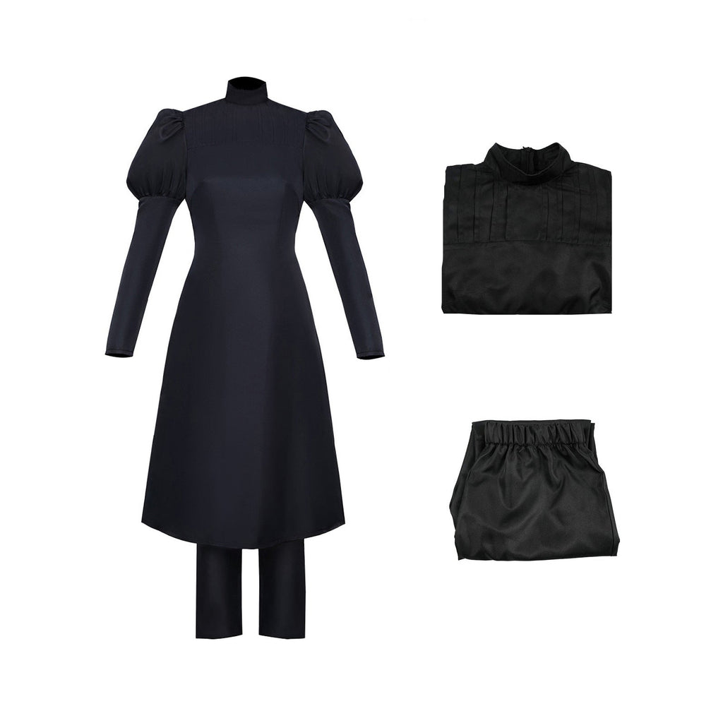 Female Sorcerer Costume Black Puff Sleeve High-Collar Dress and Pants Suit