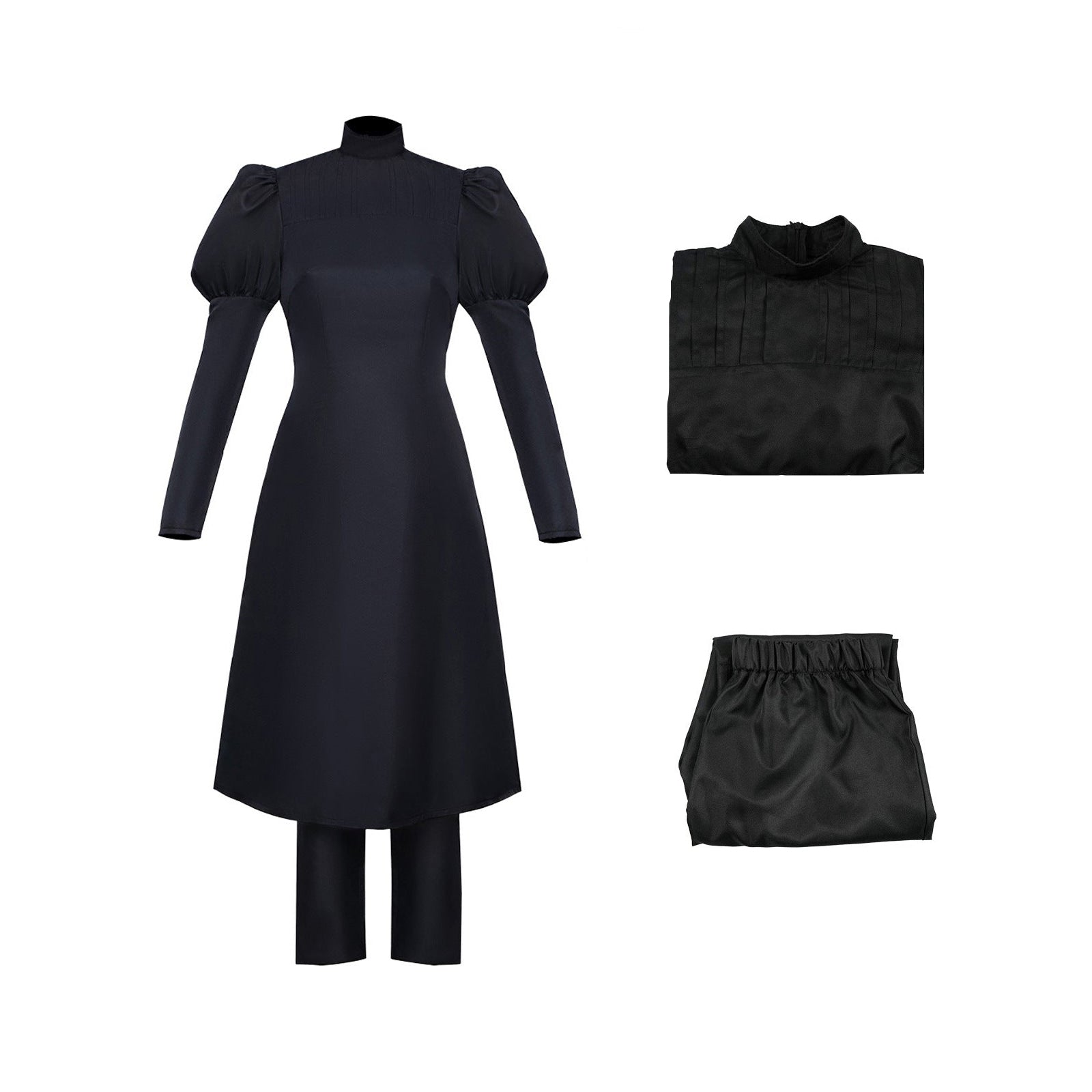 Female Sorcerer Costume Black Puff Sleeve High-Collar Dress and Pants Suit