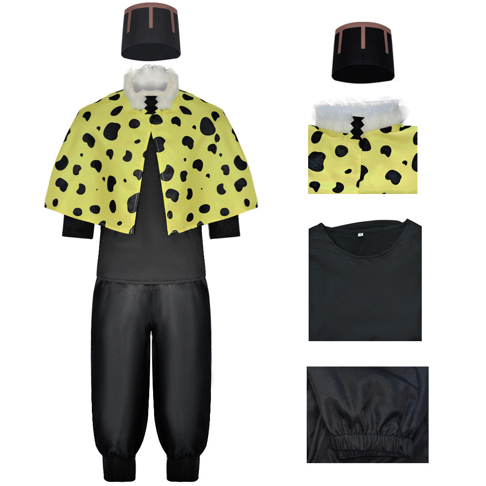 Mens Jogo Costume Yellow Cape Shirt Pants and Volcano Hat 4pcs Suit for Dress Up Party