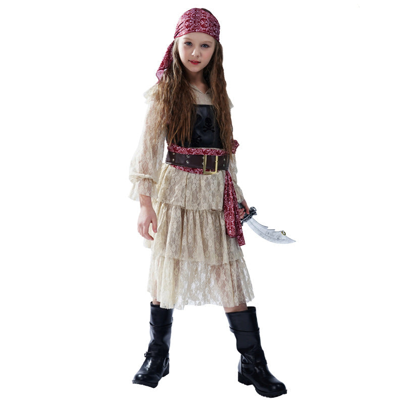 Girls Halloween Pirate Dress Childrens Pirate Costume with Vest Belt and Bandana for Cosplay