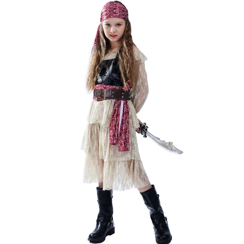 Girls Halloween Pirate Dress Childrens Pirate Costume with Vest Belt and Bandana for Cosplay