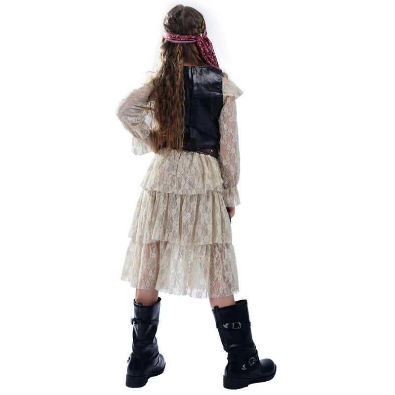 Girls Halloween Pirate Dress Childrens Pirate Costume with Vest Belt and Bandana for Cosplay