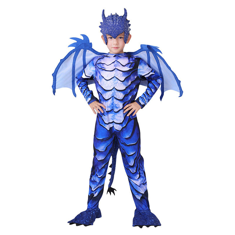 Kids Dinosaur Costume Blue Frost Dragon Jumpsuit with Tail Wing Mask for Cosplay