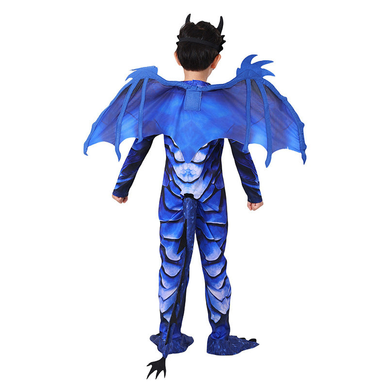 Kids Dinosaur Costume Blue Frost Dragon Jumpsuit with Tail Wing Mask for Cosplay